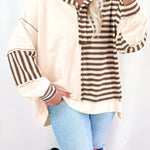 Khaki Stripe Stitched Detail Color Block Patchwork Oversized Pullover Top