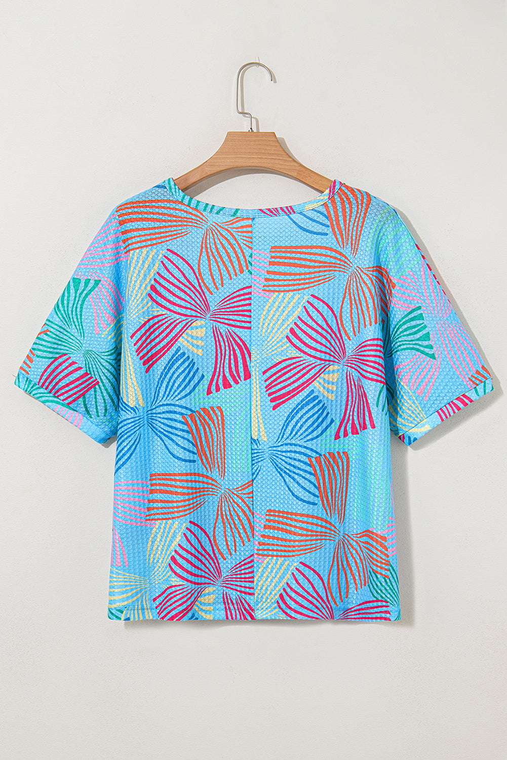 Multicolour Bowknot Printed Waffle Crewneck Loose Short Sleeve Top