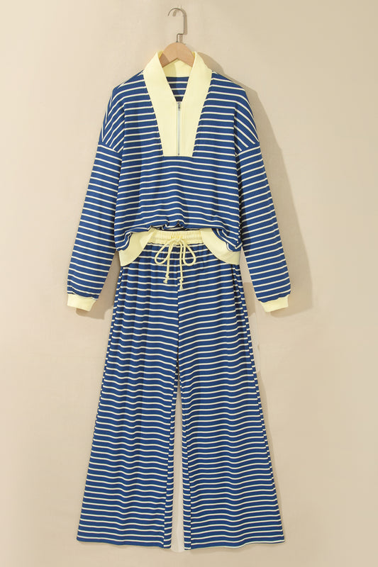 Blue Stripe Color Block Patchwork Zip V Neck Pullover Loose Pants 2pcs Set