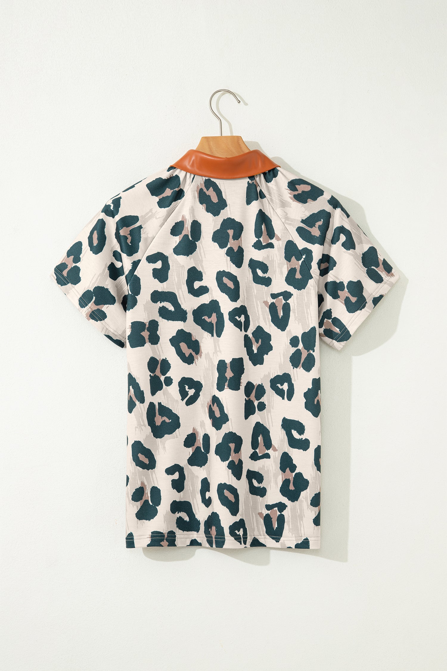 Casual Unique Leopard Print Button Contrast Collared Short Sleeve Blouse