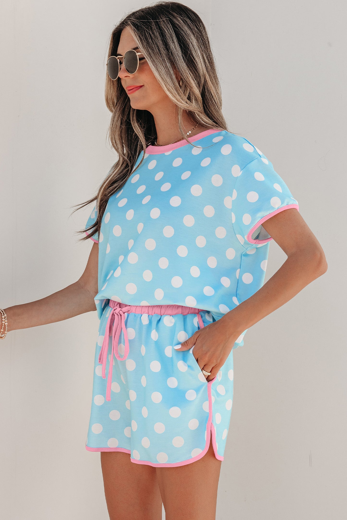 Sky Blue Polka Dot Contrast Edge Casual Short Set