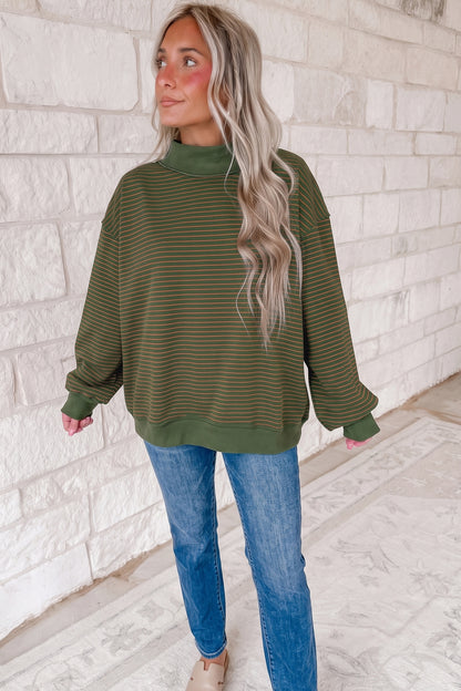 Green Stripe Ribbed Color Block Mock Neck Oversized Sweatshirt