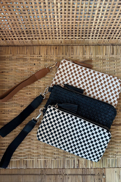 Color black Checkered  Woven Clutch Wristlet PU Leather Large Size Patterned Wallet