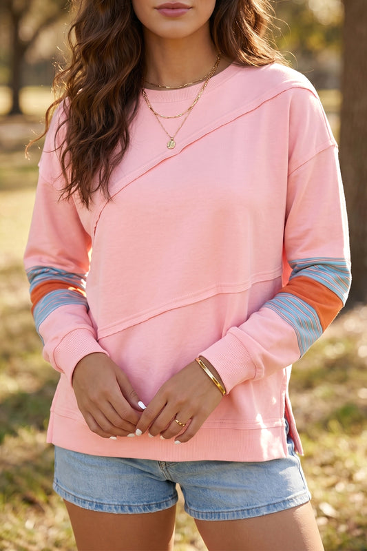 Pink Colorblock Striped Patchwork Long Sleeve Round Neck Blouse