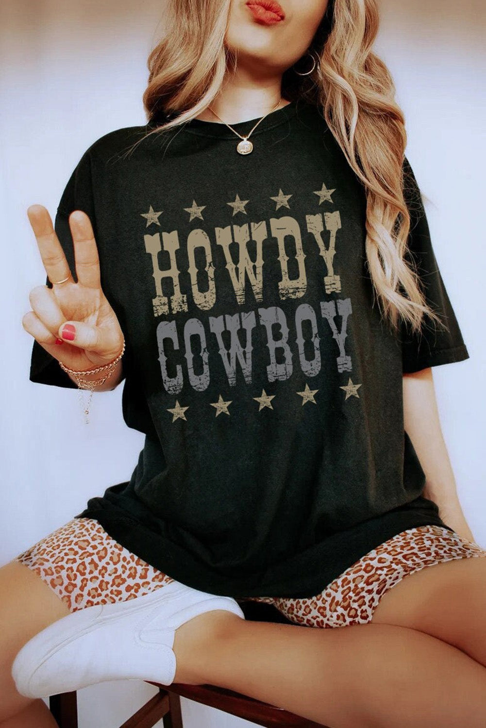 T-shirt ample noir à col rond et imprimé étoiles HOWDY COWBOY