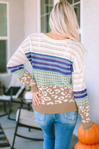Pull en tricot à rayures léopard multicolores au crochet 