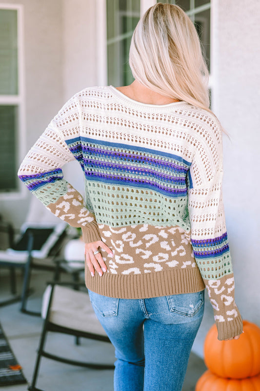 Pull en tricot à rayures léopard multicolores au crochet 