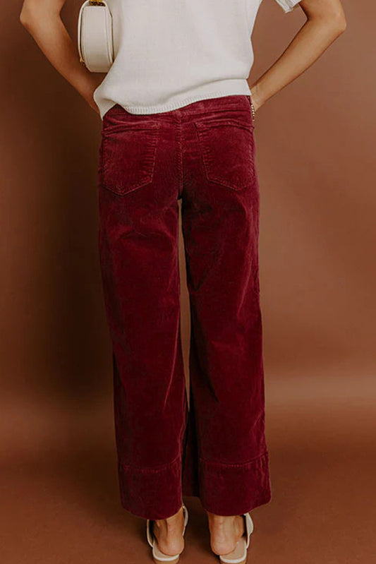 Burgundy Corduroy Solid Color High Waist Wide Leg Pants
