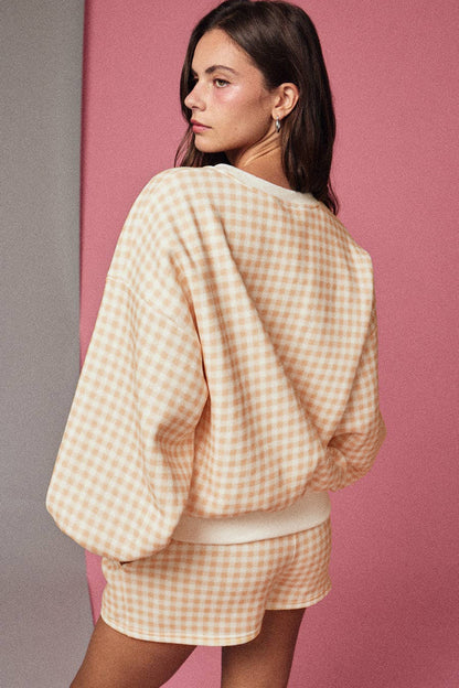 Yellow Gingham Loose Pullover Top Drawstring Shorts Plus Size Set