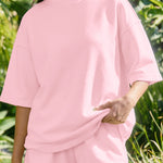 Light Pink Solid Color Exposed Seam Mock Neck Oversize Tee Casual Shorts 2pcs Outfit