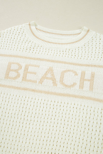 White BEACH Hollow Out Knitted Lightweight Dolman Sweater