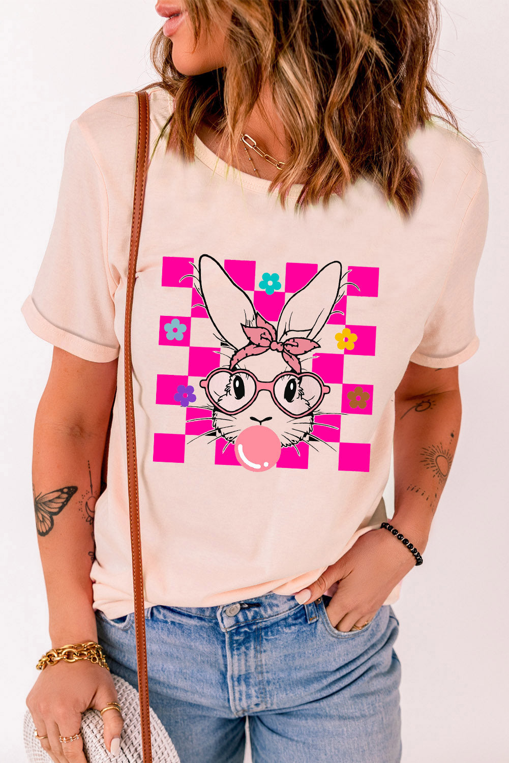 Pink Easter Rabbit Checkered Flower Print O-neck T Shirt