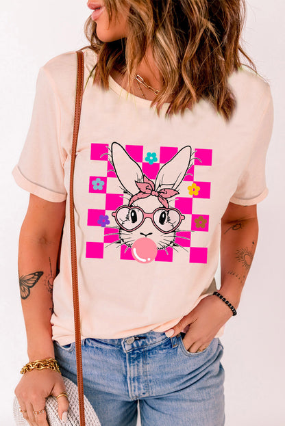 Pink Easter Rabbit Checkered Flower Print O-neck T Shirt