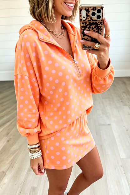 Orange Polka Dot Hooded Long Sleeve Top Casual Mini Skort Set