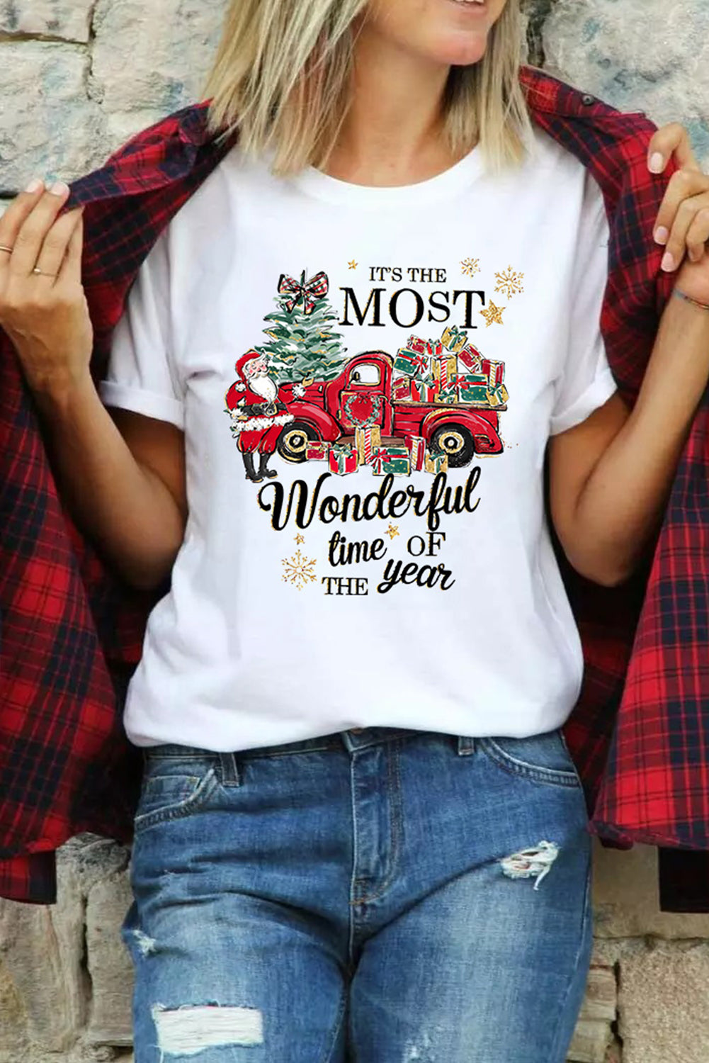T-shirt ras du cou blanc avec slogan imprimé à motif de Noël