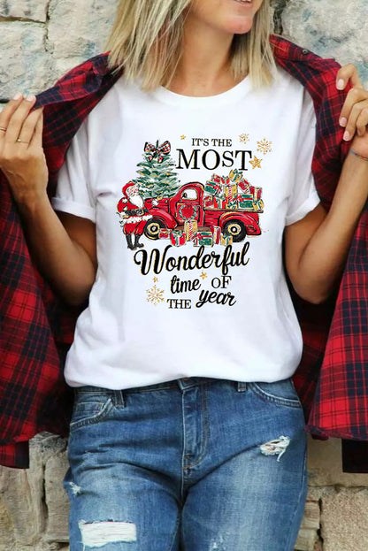 T-shirt ras du cou blanc avec slogan imprimé à motif de Noël