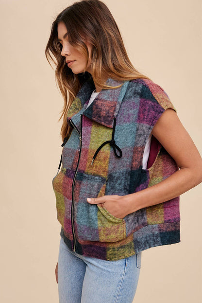 Gilet ample zippé à imprimé écossais multicolore avec poches latérales