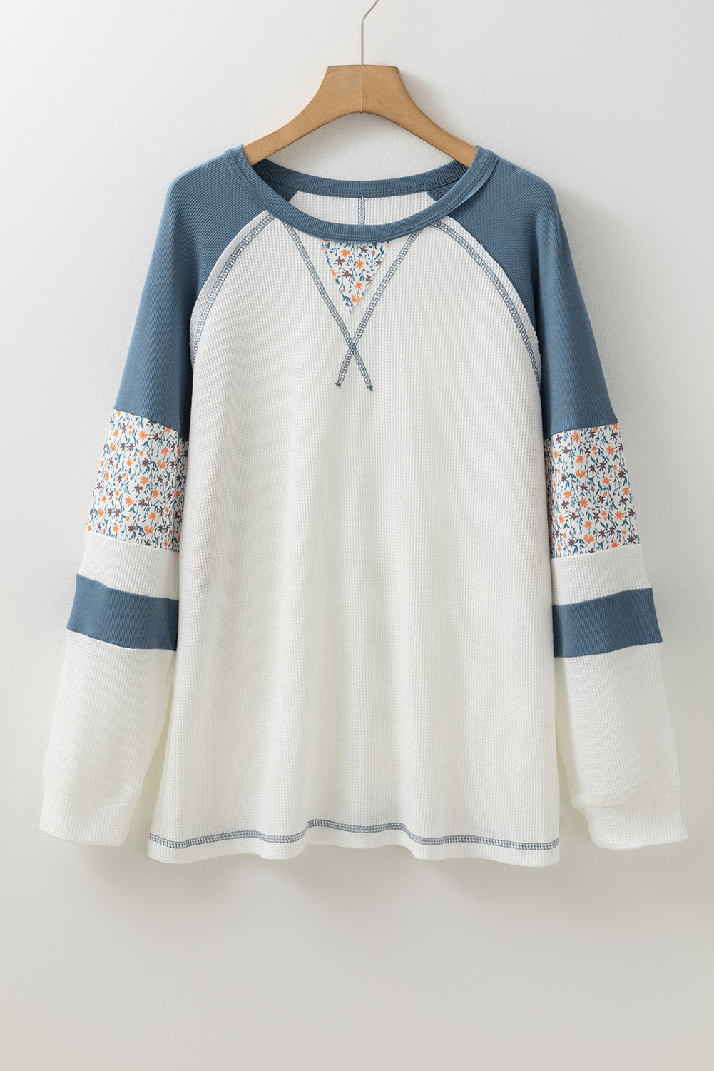 Haut raglan en maille gaufrée à motif patchwork floral blanc