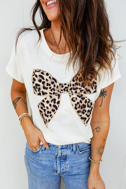 White Leopard Bow Embroidered Cotton Round Neck T Shirt