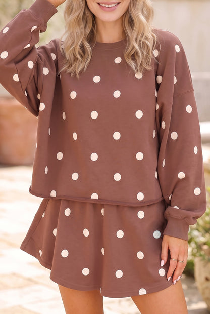 Brown Polka Dot Raw Hem Relaxed Pullover Loose Skort Two Piece Set