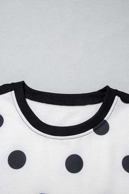 White Polka Dot Contrast Patchwork Round Neck Baggy Sweatshirt