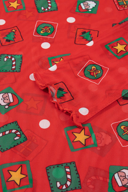 Fiery Red Christmas Elements Printed Long Sleeve Sheer Mesh Top