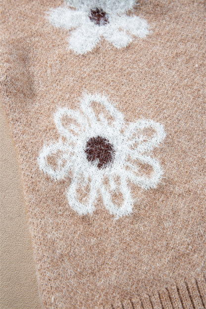 Cardigan boutonné en tricot à col en V et imprimé floral gris fumé