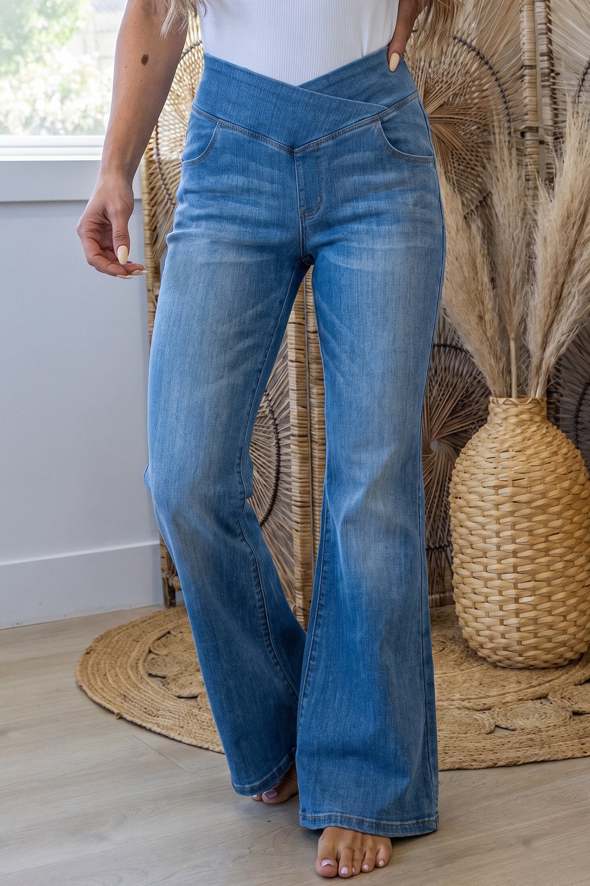 Dusk Blue Crossed Waist Western Flared Full-length Jeans