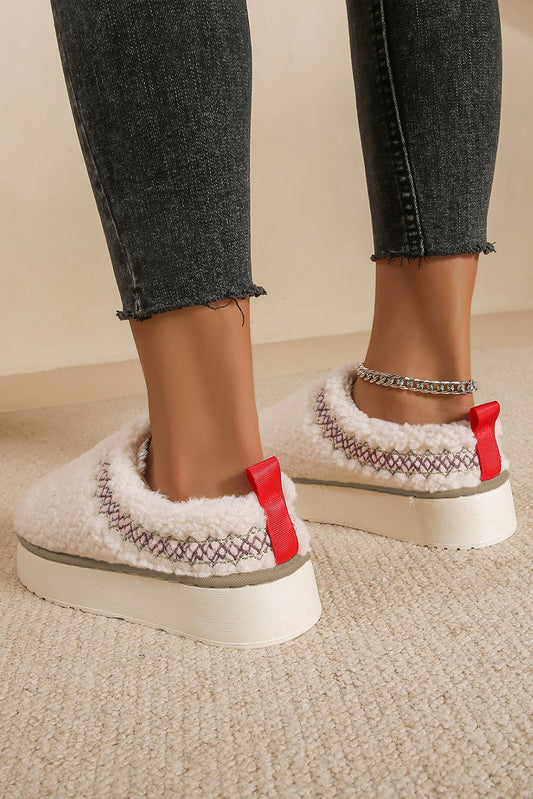 White Soft Plush Embroidered Detail Flat Platform Slippers