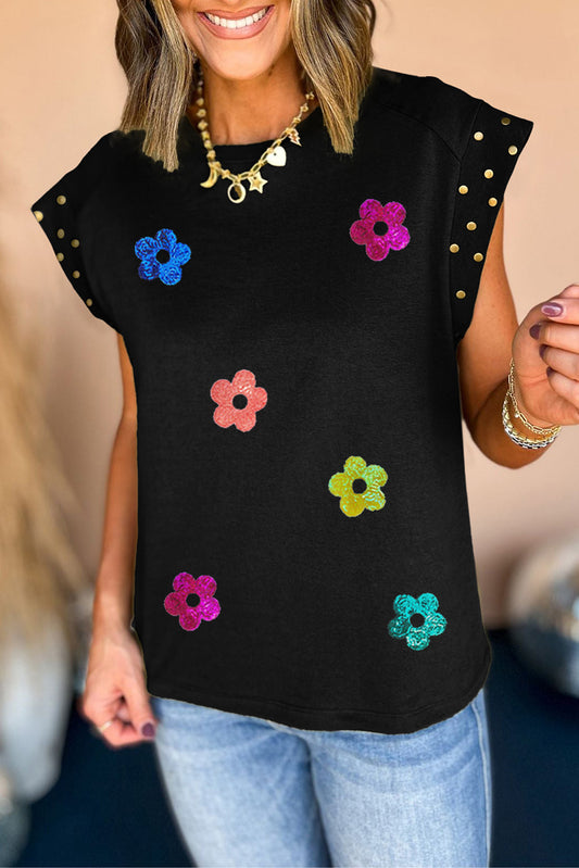 Black Shiny Flower Graphic Studded Cap Sleeve T Shirt