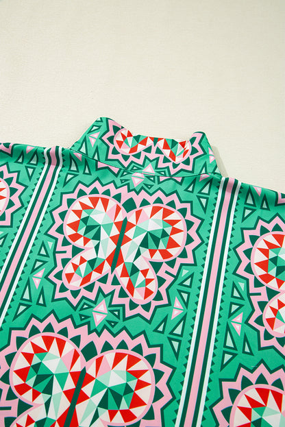 Sea Green Boho Abstract Print Contrast Striped Collared V Neck Blouse
