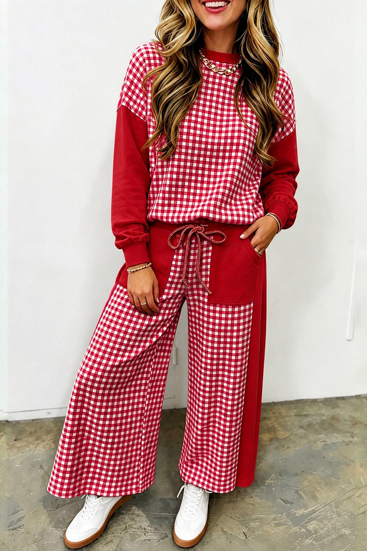 Red Color Block Plaid Patchwork Long Sleeve Pullover Wide Leg Pant Set