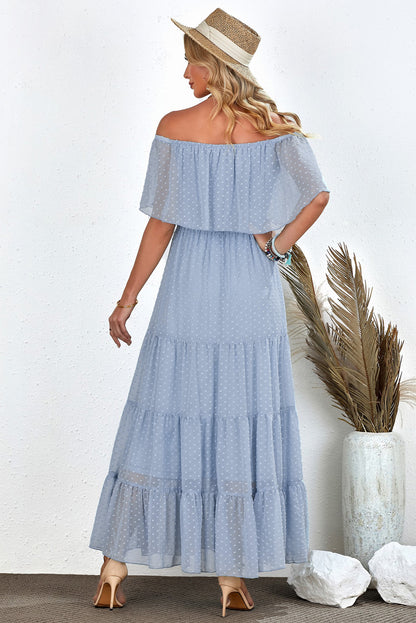 Yellow Yellow Off Shoulder Ruffle Swiss Dot Maxi Dress