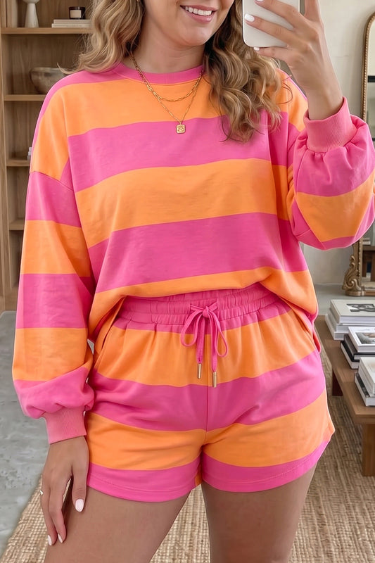 Pink Stripe Plus Size Horizontal Color Block Long Sleeve Top Drawstring Short Set