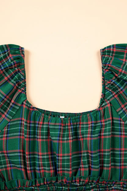 Green Plaid Shirred U Neck Short Sleeve Mini Dress