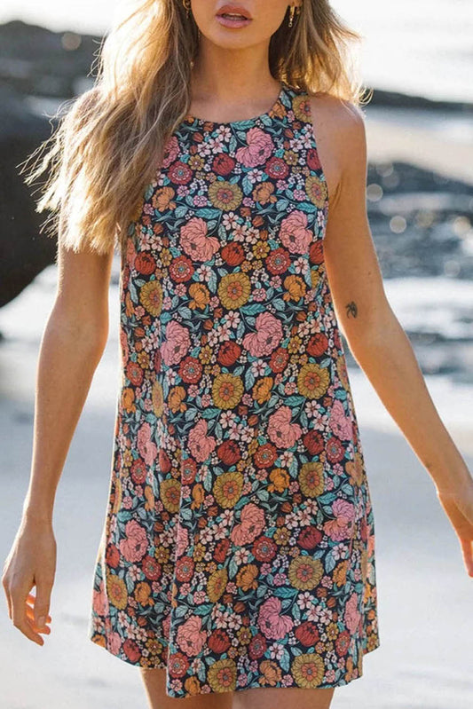 Multicolor Vintage Floral Print Keyhole Back Sleeveless Mini Dress