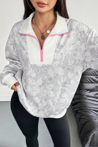 Gray Floral Print Quarter Zip Stand Neck Long Sleeve Sweatshirt