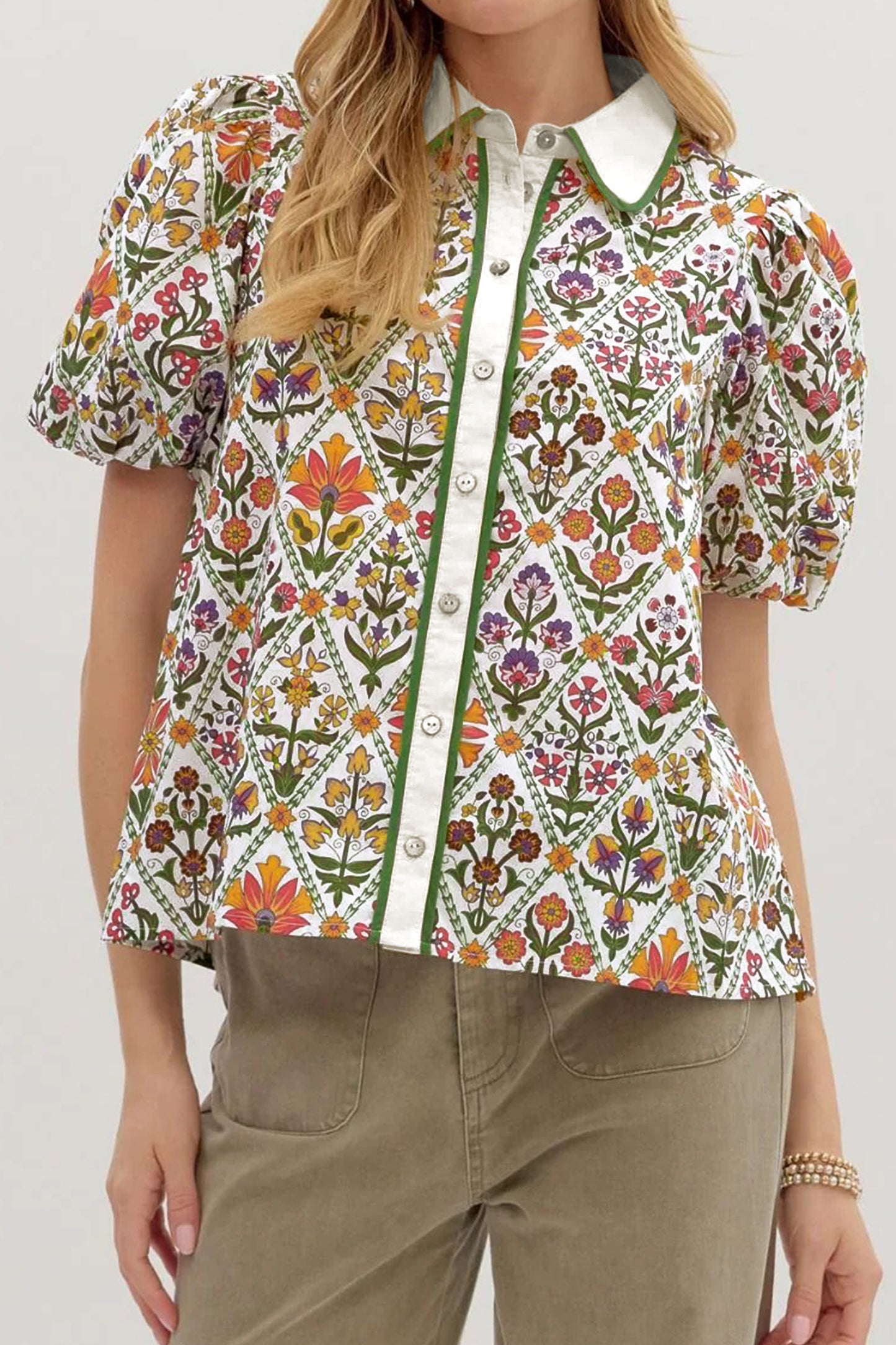 Green Short Bubble Sleeve Floral Shirt