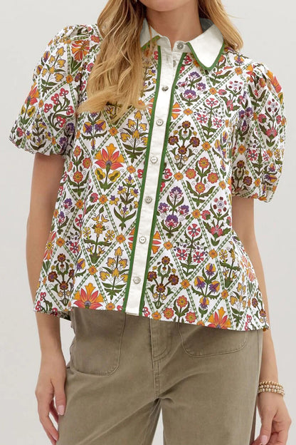 Green Short Bubble Sleeve Floral Shirt