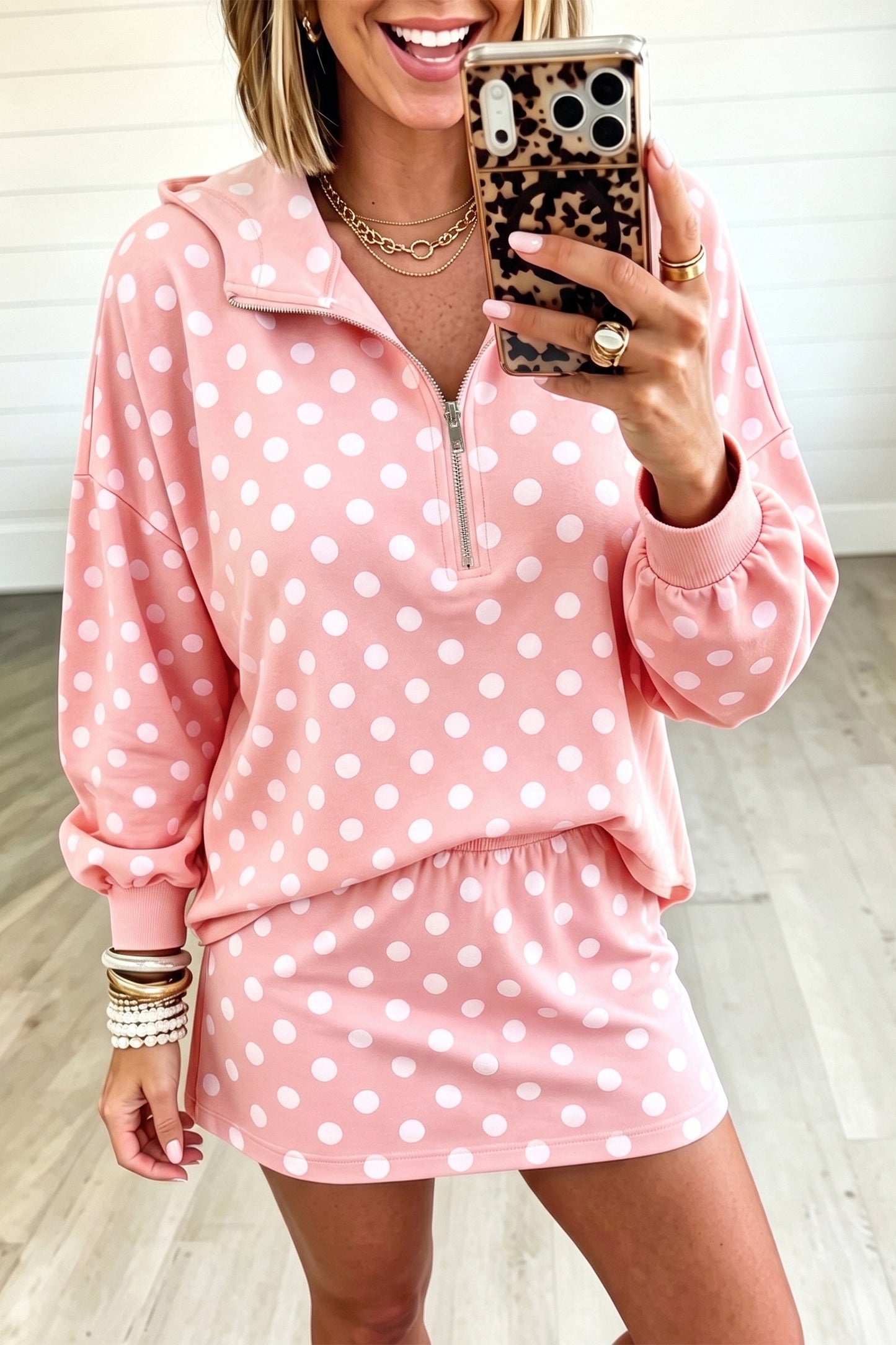 Pink Polka Dot Hooded Long Sleeve Top Casual Mini Skort Set