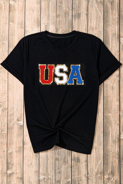 T-shirt graphique USA en chenille noire à bordure pailletée 