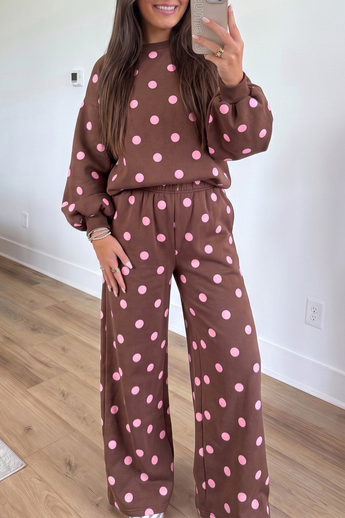 Brown Polka Dot Puff Sleeve Top Casual Pants 2pcs Set