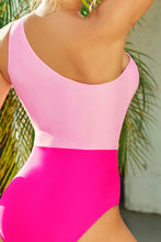 Rose Red Colorblock Patchwork One Shoulder One Piece Swimwear