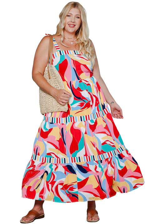 Multicolor Abstract Print Striped Trim Maxi Sundress