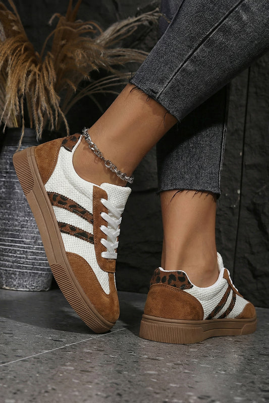 Coffee Textured Woven PU Leather Leopard Patchwork Flat Sneakers