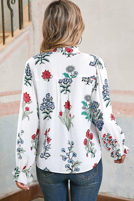 White Floral Print Frilled Collar V Neck Button Down Long Sleeve Shirt