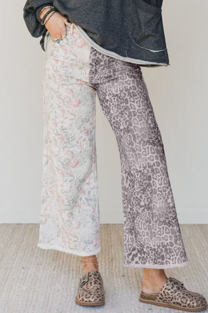 Multicolour Retro Floral Leopard Contrast Patchwork Raw Hem Jeans