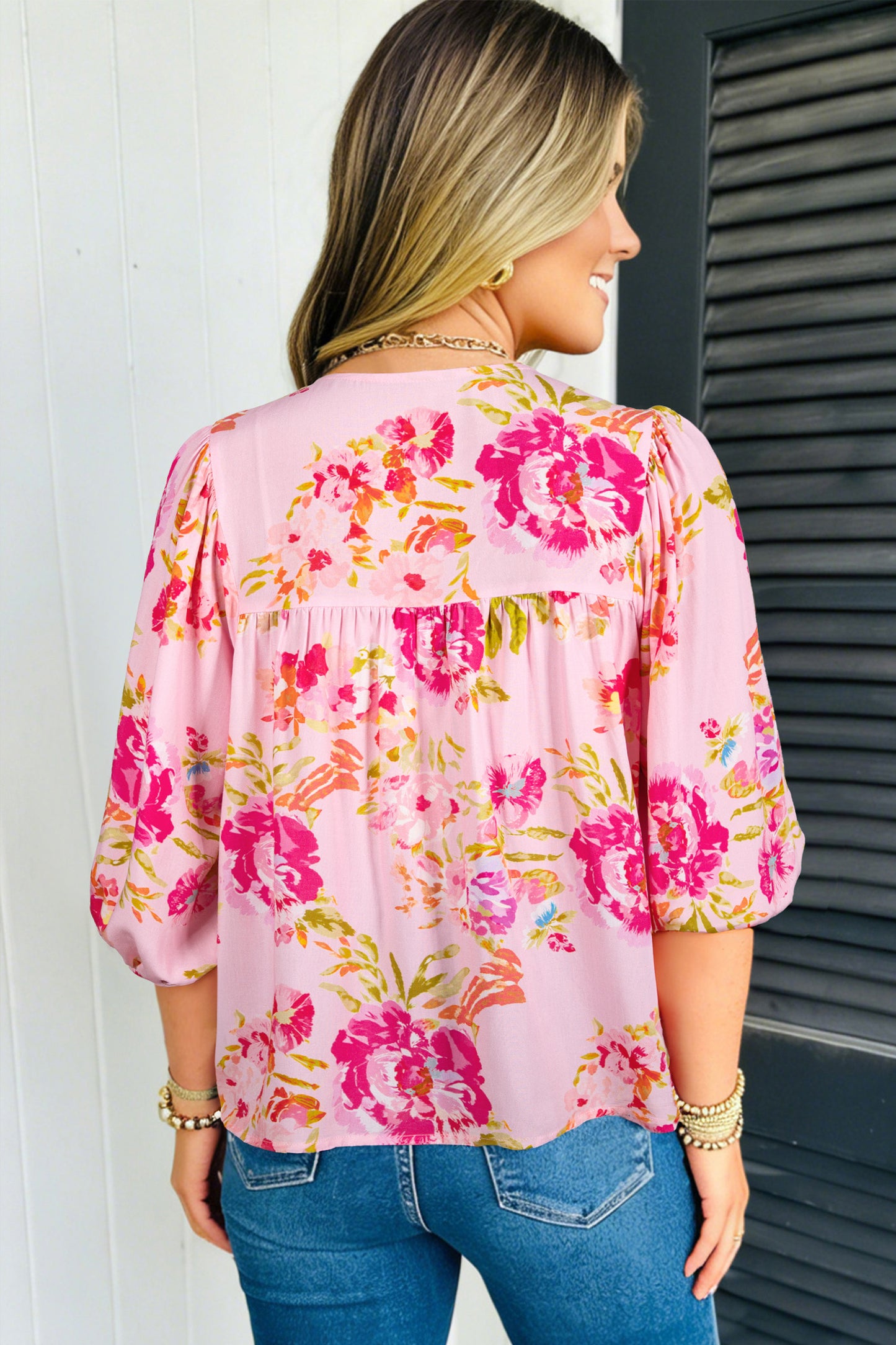 Pink Floral Print Tie Neck Puffy Half Sleeve Blouse