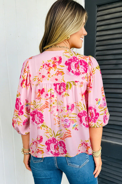 Pink Floral Print Tie Neck Puffy Half Sleeve Blouse