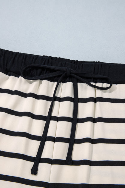 Beige Stripe Relaxed Long Sleeve Top Color Block Detail Drawstring Pant Set